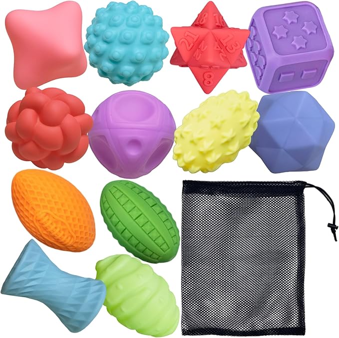 12P Sensory Balls for Toddlers 1-3,Balls for Baby Toys 6-12 Months,Bright Color Textured Multi Soft,Baby Massage Toy,Birthdays, Includes Storage Bag