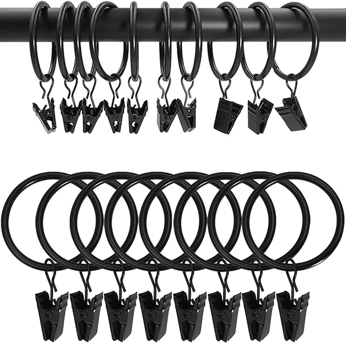 100 Pack Black Curtain Rings with Clips, Curtain Hooks Hangers Clip Rings for Hanging Drapes Bows Hat, Drapery Rings 1.5 in I D, Fits up to 1.2 in Diameter Curtain Rod.