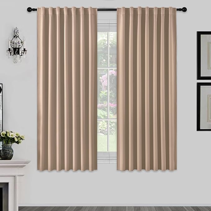 Joydeco 72 Inch Blackout Curtains for Bedroom, Thermal Insulated Black Out Curtains, Room Darkening Drapes for Living Room Window Rod Pocket Back Tab (W52 x L72 Inch, Khaki)