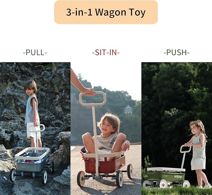 kidpop PULA-Wild 3-in-1 Kids' Pull-Along Wagon Toddlers Push Walker for 2.5-8, Removable Wooden Cover and Adjustable Handlebar, Birthday Gifts Max Weight 33 lbs (Red)