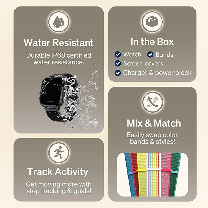 JrTrack 5 Kids Smart Watch by Cosmo | Best Kid-Safe Phone Watch | Precision Real-Time GPS Tracking | Call, Text, Activity, School Settings | Spotify Music | Parental Controls | SOS & Safety Alerts