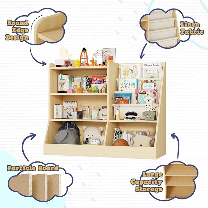 39" Large Kids Wooden Bookshelf and Toy Storage Organizer, Baby Bookcase with Sling Book Rack, Children Toddler Wooden Book Shelf for kids rooms, Playroom, Classroom, Nursery, School (Natural)