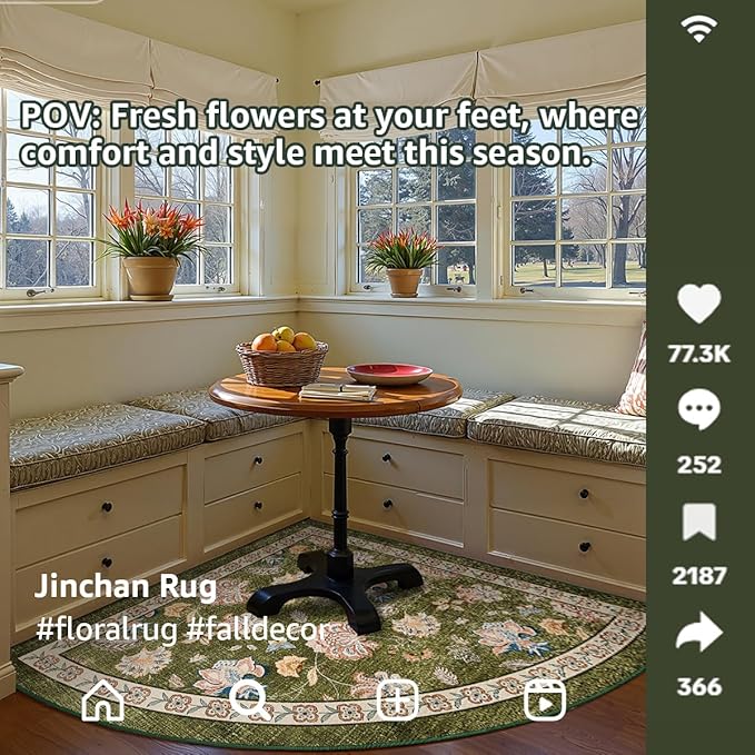 jinchan Floral Corner Rug for Kitchen Washable Nursery Rug Vintage Romance Design Non Slip Quarter Circle Lightweight Low-Pile Throw Carpet for Playroom Reading Nook Office, 5ft Radius, Green