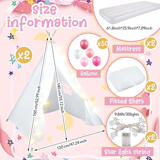 2 Pack Kids Teepee Tent with Mattress,Fitted Sheet,Light String,Washable Natural Cotton Toddler Play Tent for Girls Boys Indoor Outdoor Sleepover Slumber Birthday Party(White)