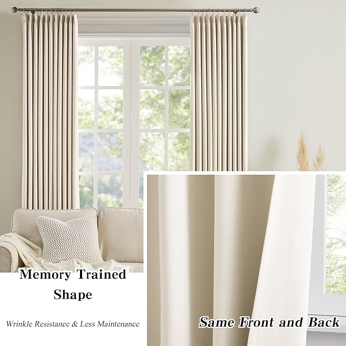 KEQIAOSUOCAI Pleated Room Darkening Privacy Curtains for Windows 102 inch Length - Solid Pinch Pleats Light Reducing Panels for Bedroom Living Room (Cream Beige, 60x102, 2 Panels = 120" Wide)