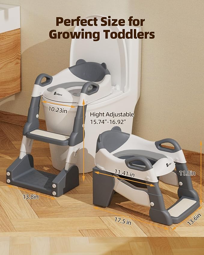 3-in-1 Potty Training Toilet, Toddler Toilet Seat with Step Stool, Foldable Potty Ladder with Potty Chart, PU Cushion, Splash Guard, Anti-Slip Steps & Urinal for Boys & Girls, Grey