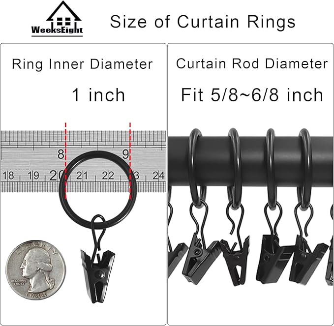 100 Pack Black Curtain Rings with Clips, Curtain Hooks Hangers Clip Rings for Hanging Drapes Bows Hat, Drapery Rings 1 in I D, Fits up to 5/8 in Diameter Curtain Rod.