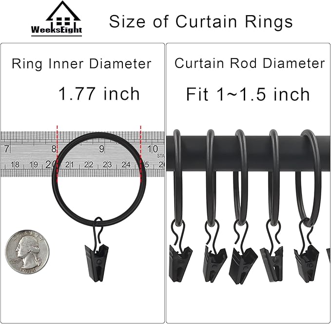 20 Pack Black Curtain Rings with Clips, Curtain Hooks Hangers Clip Rings for Hanging Drapes Bows Hat, Drapery Rings 1.77 in I D, Fits up to 1.5 in Diameter Curtain Rod.