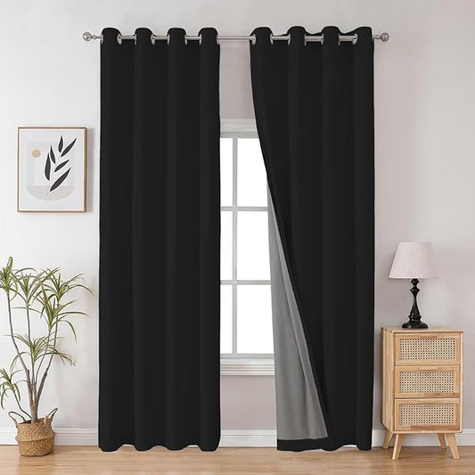 Joydeco Black Blackout Curtains 96 Inches Long for Living Room, Grommet Solid Black Curtains 96 Inches Long for Bedroom, Room Darkeing 96 Inch Black Out Curtains 2 Panels for Bedroom