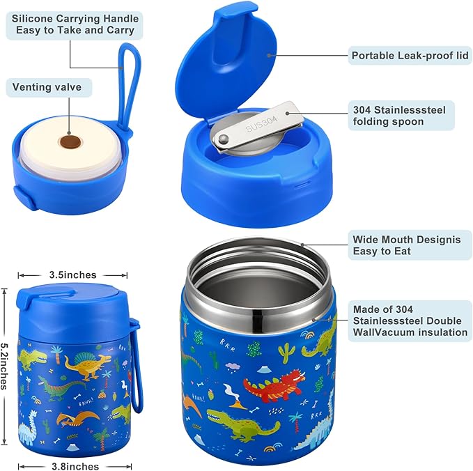 17oz Soup Thermo for Hot Food Kids,Insulated Food Jar with Spoon,Thermo Hot Food Lunch Container,Wide Mouth Leakproof Stainless Steel Lunch Box for School-Dinosaur