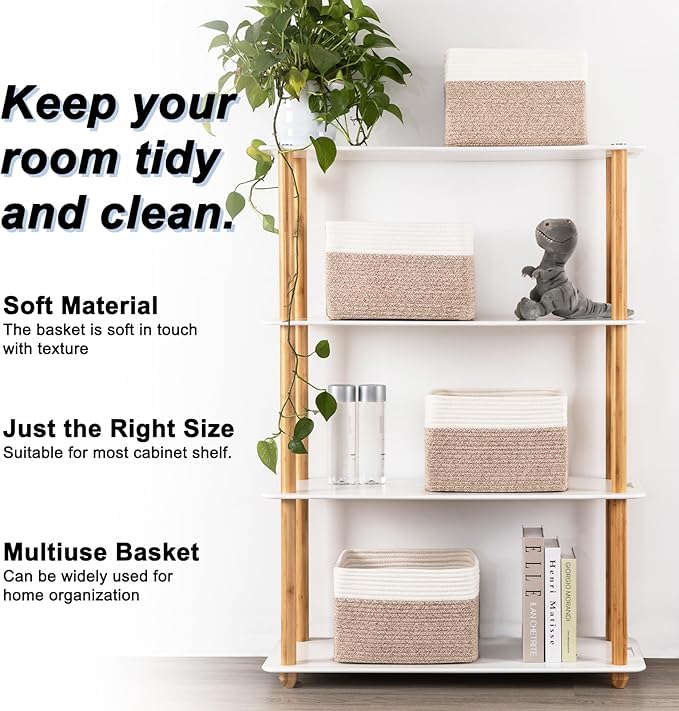 4 Pack Storage Baskets for Organizing, Woven Baskets for Shelves - Perfect for Toys, Books, Towels, and Clothes, Durable Gift Basket Bins Toy Storage, 12.7''Lx9''Wx7.8''H, Brown & White