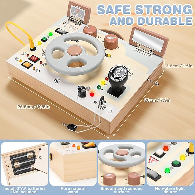 Joyreal Montessori Toddler Busy Board - Montessori Toys for 1 2 3 Years Old, Wooden Sensory Board with LED Lights, Steering Wheel, Music Player, Travel Toys for 1+ Year Old Boy & Girl Birthday Gift