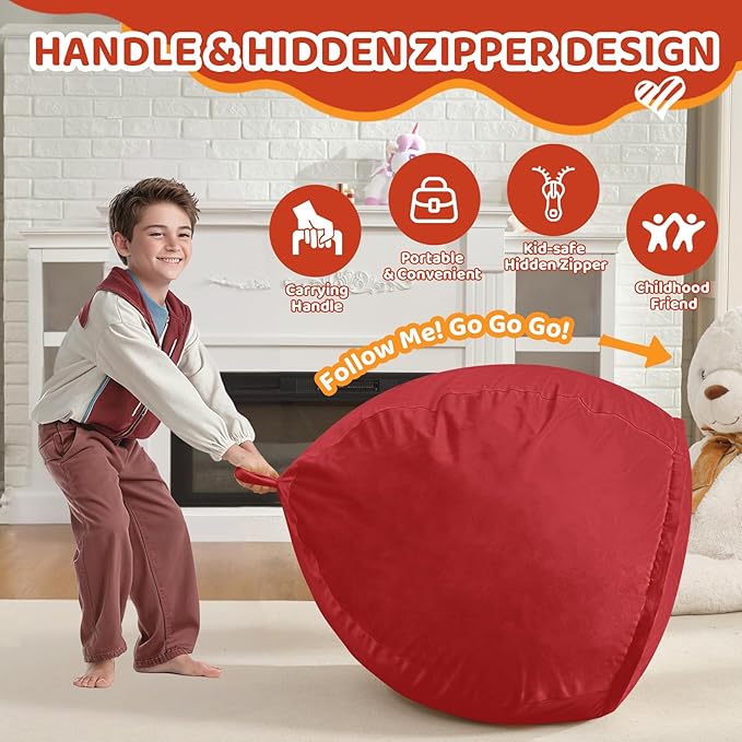 2FT Bean Bag Chair, Comfy Bean Bag Chairs with Memory Foam Filled, Fluffy Beanbag Sofa with Dutch Velvet Cover, Teardrop BeanBag Chairs for Living Room, Playroom - Red