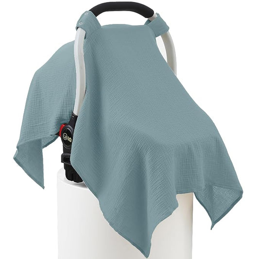 100% Muslin Cotton Car Seat Cover Baby, Carseat Canopy Cover, Universal Fit Stroller Covers for Boys and Girls (Blue)