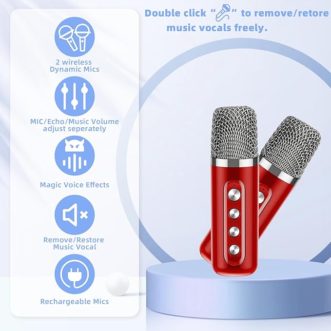 Karaoke Machine for Kids Adults - Portable Bluetooth Speaker with 2 Wireless Microphones, Singing Machine for Party, Birthday Gifts for Girls Boys Ages 4, 5, 6, 7, 8,9,10,11, 12+ Years Old