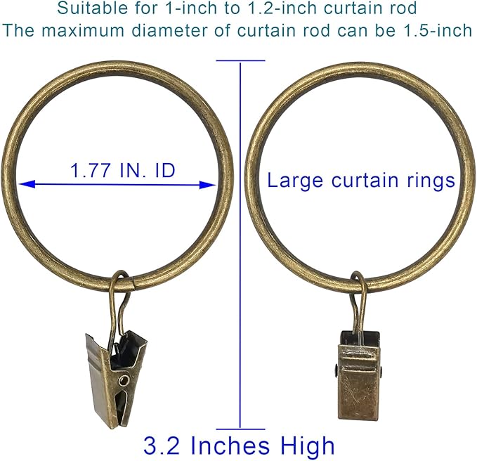 20 Pack Bronze Curtain Rings with Clips, Curtain Hooks Hangers Clip Rings for Hanging Drapes Bows Hat, Drapery Rings 1.77 in I D, Fits up to 1.5 in Diameter Curtain Rod.