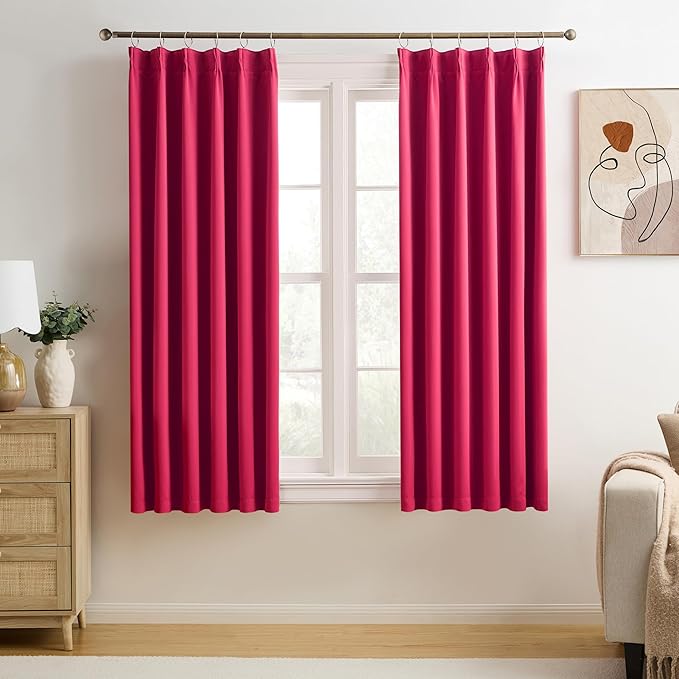 KEQIAOSUOCAI Pinch Pleated Hot Pink Blackout Curtains 72 Inches Long, Sound & Light Reducing Room Darkening Drape for Girl's Bedroom(Hot Pink, 2 Panels, W40 x L72)