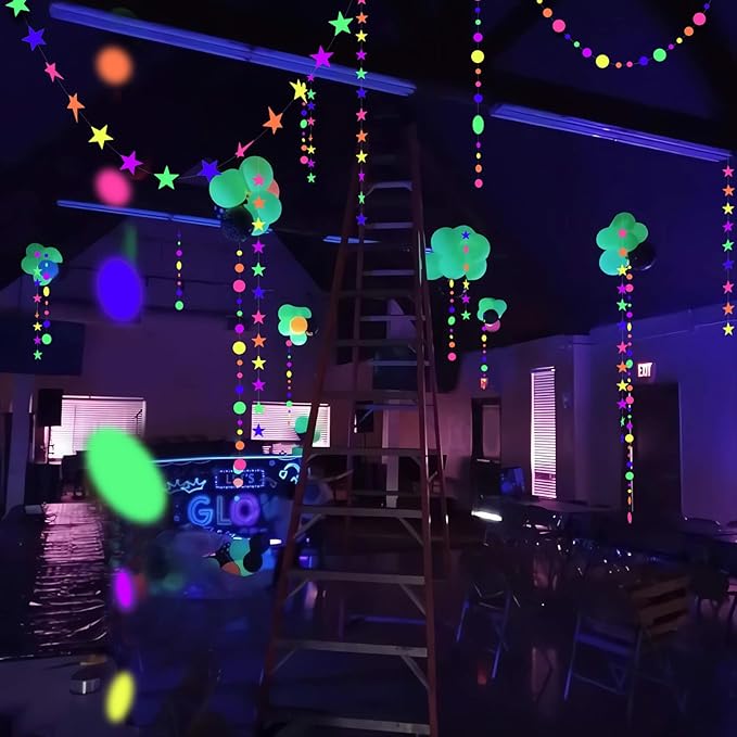 108feet UV Round Dot Star Kit Neon Paper Garland Glow in The Dark Party Favors Streamers Banner for Black Party Supplies UV Reactive Circle Dot Star Garland Wedding Birthday Glow Party Supplies…