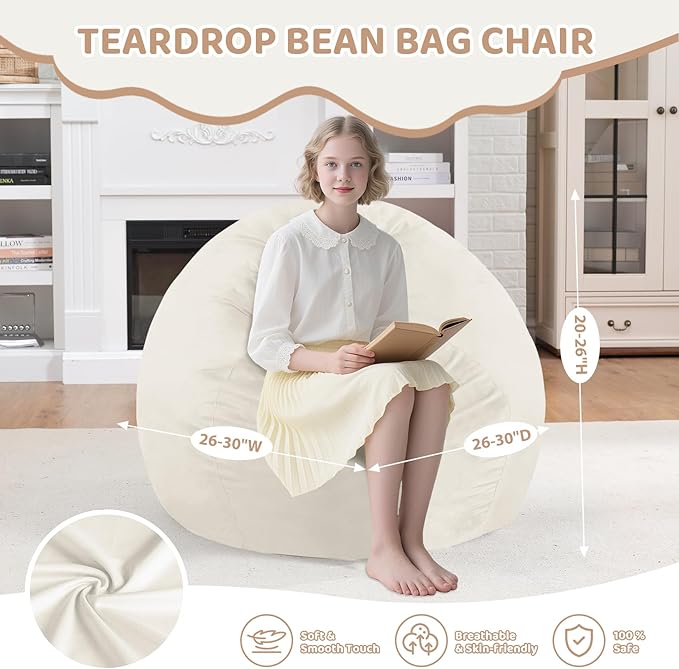 2FT Bean Bag Chair, Comfy Bean Bag Chairs with Memory Foam Filled, Fluffy Beanbag Sofa with Dutch Velvet Cover, Teardrop BeanBag Chairs for Living Room, Playroom - Beige