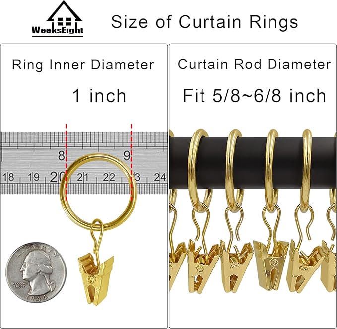 100 Pack Gold Curtain Rings with Clips, Curtain Hooks Hangers Clip Rings for Hanging Drapes Bows Hat, Drapery Rings 1 in I D, Fits up to 5/8 in Diameter Curtain Rod.
