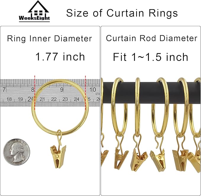 20 Pack Gold Curtain Rings with Clips, Curtain Hooks Hangers Clip Rings for Hanging Drapes Bows Hat, Drapery Rings 1.77 in I D, Fits up to 1.5 in Diameter Curtain Rod.