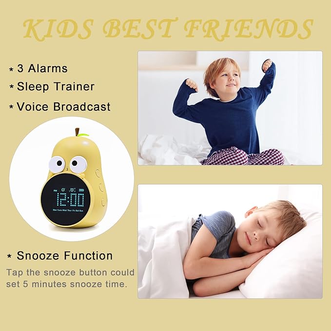 Kids Alarm Clock for Girls Pear Alarm Clock with Snooze Toddler Sleep Training Clock for Bedroom Home Office(Yellow)