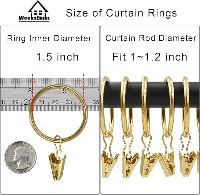 100 Pack Gold Curtain Rings with Clips, Curtain Hooks Hangers Clip Rings for Hanging Drapes Bows Hat, Drapery Rings 1.5 in I D, Fits up to 1.2 in Diameter Curtain Rod.