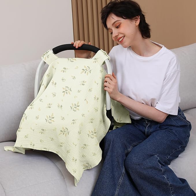 100% Muslin Cotton Car Seat Cover Baby, Carseat Canopy Cover, Universal Fit Stroller Covers for Boys and Girls (Green Beige Leaf)