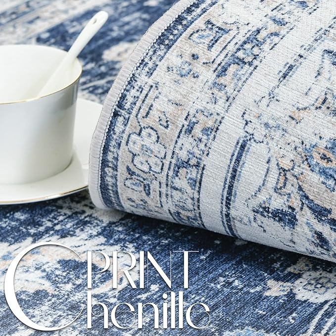 jinchan Hallway Runner Rug 3x10 Machine Washable Runner Rug Dark Blue Vintage Floral Design Non-Slip Low Pile Ultra-Thin for Kitchen Laundry Room Bedroom Farmhouse (3‘x10',Dark Blue)