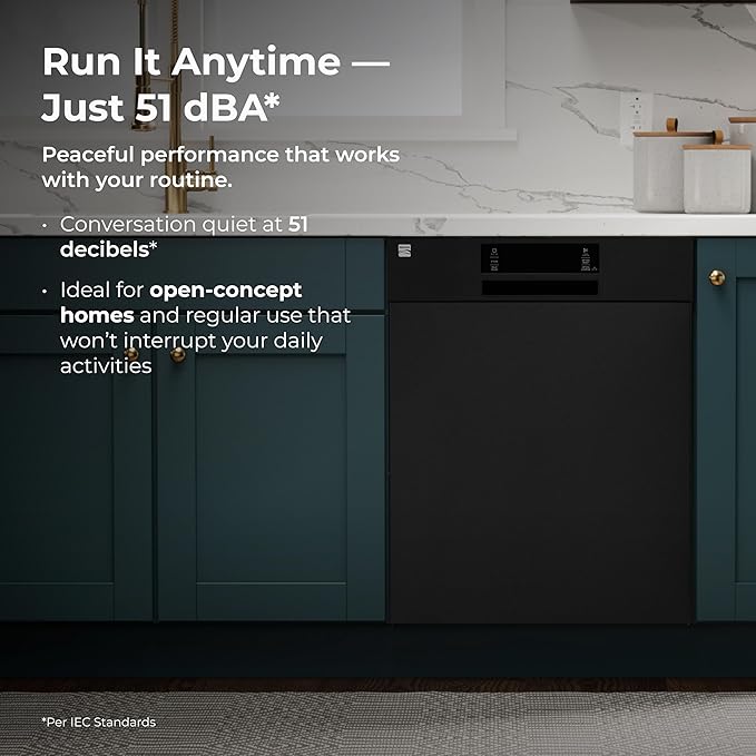 Kenmore 24" Built-in Stainless Steel Tub Dishwasher SmartWash, UltraWash, SmartDry Plus, MoreSpace Adjustable Rack and Leak Detect, Energy Star Certified, Black