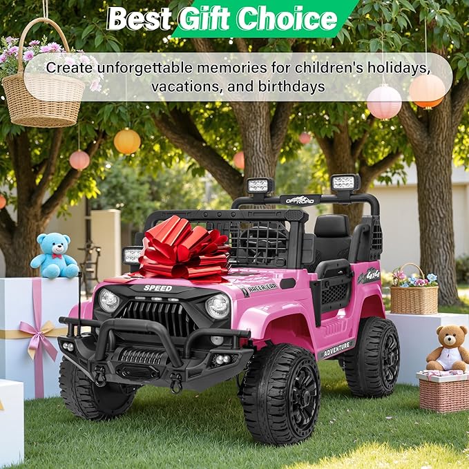 2 Seater Ride On Car Truck with Remote Control XL, Kids 24V Battery Powered Electric Vihicle w/21 in Seat, 3 Speeds, 2WD/4WD Switichable, Shock Absorbers,Bluetooth, Flower, Gift Choice