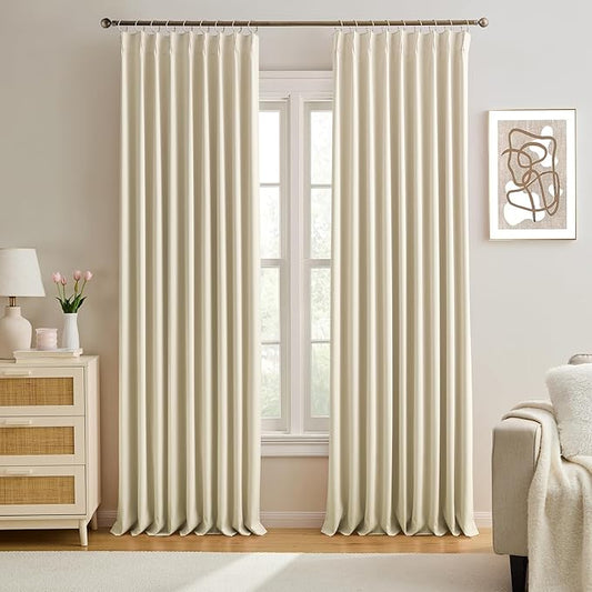 KEQIAOSUOCAI Pleated 60 Wide Curtains for Windows 105 inch Length - Solid Thermal Insulated Pinch Pleats Panels for Living Room (Cream Beige, W60 x L105, 2 Panels = 120" Wide)