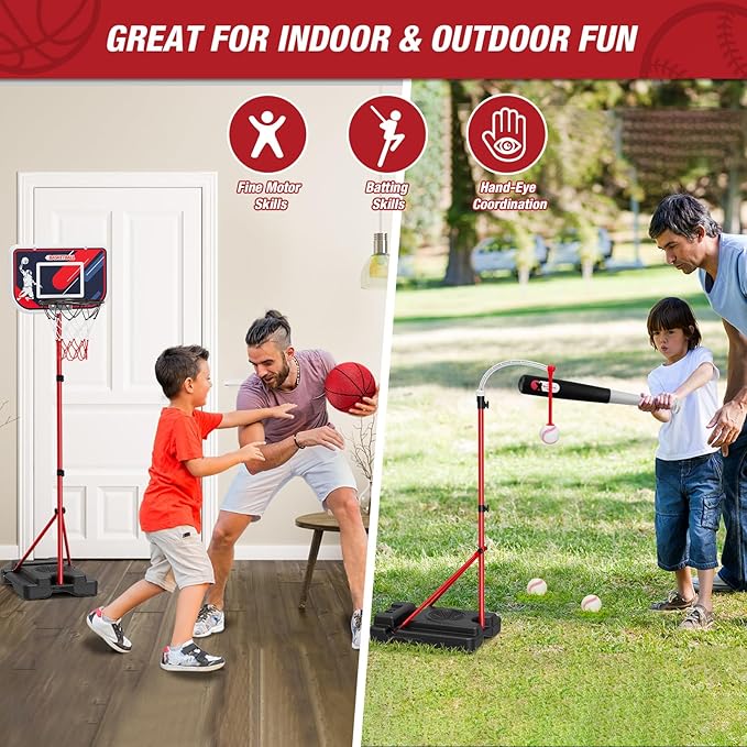 4 in 1 Kids Basketball Hoop and Tball Set for Toddlers 3-5, Adjustable Hanging Tee Ball Stand with Automatic Baseball Pitching Machine, Indoor Outdoor Sport Toys Birthday Gifts for Boys Girls