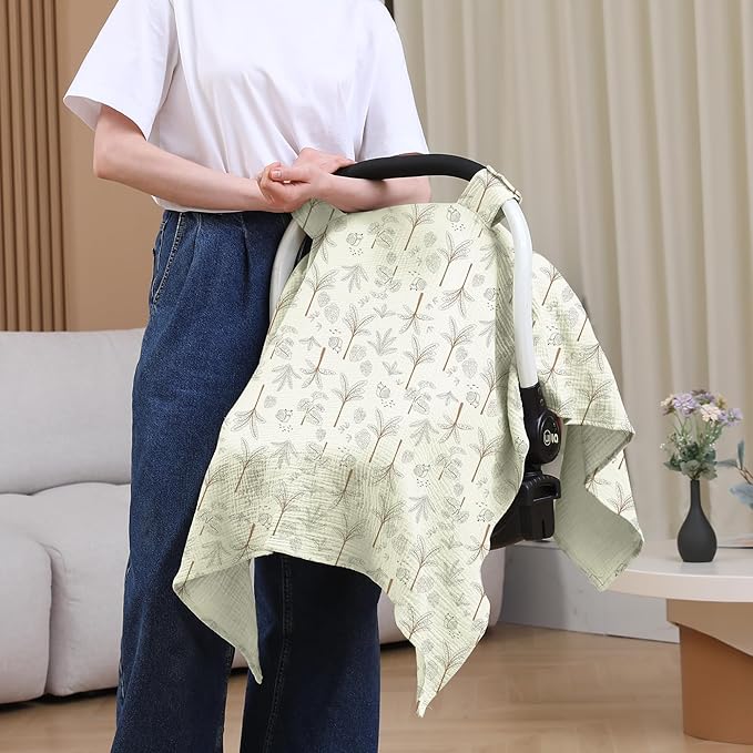 100% Muslin Cotton Car Seat Cover Baby, Carseat Canopy Cover, Universal Fit Stroller Covers for Boys and Girls (Coconut Grove)