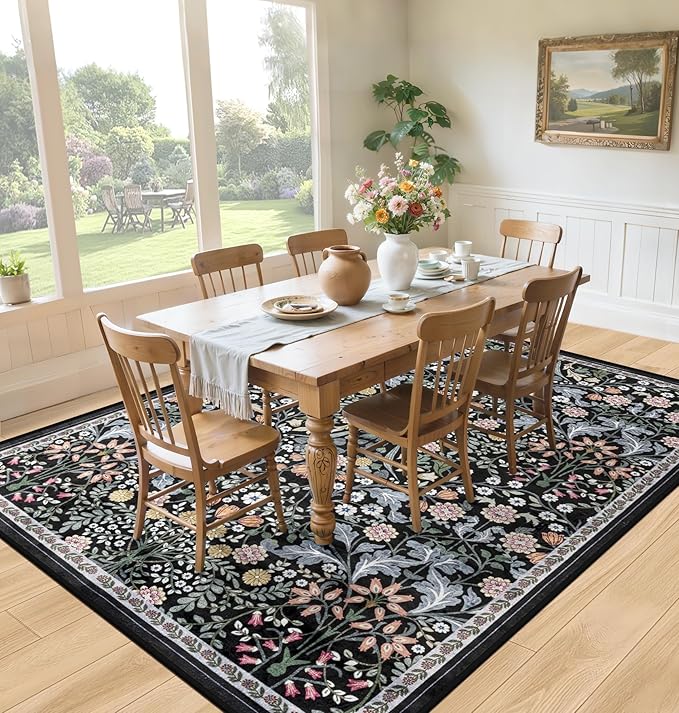 10x14 Area Rugs for Living Room: Floral Washable Rug Vintage Large Soft Boho Non-Slip Carpet Indoor Stain Resistant Low Pile Carpets for Bedroom Dining Room Farmhouse Nursery Home Office Dark Black