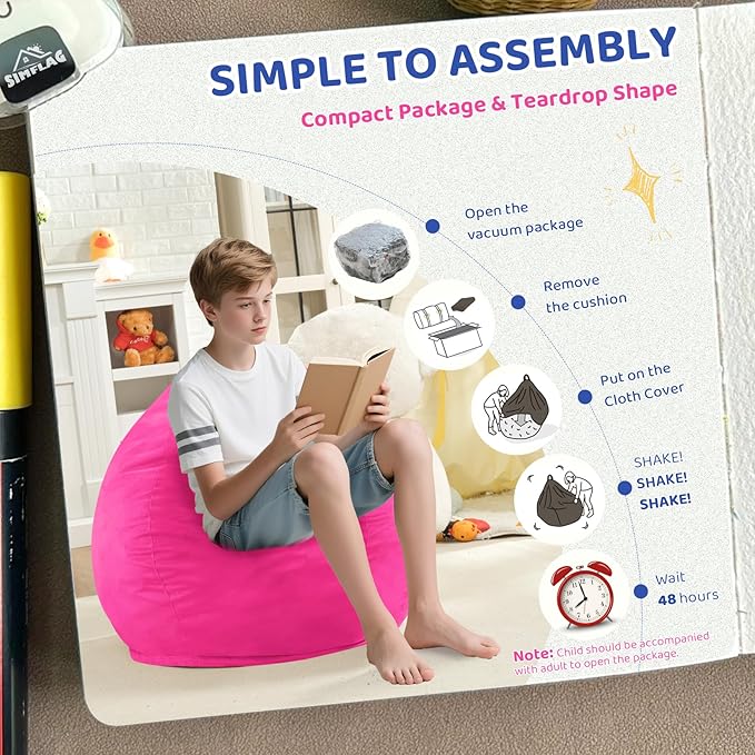 2FT Bean Bag Chair, Comfy Bean Bag Chairs with Memory Foam Filled, Fluffy Beanbag Sofa with Dutch Velvet Cover, Teardrop BeanBag Chairs for Living Room, Playroom - Pink