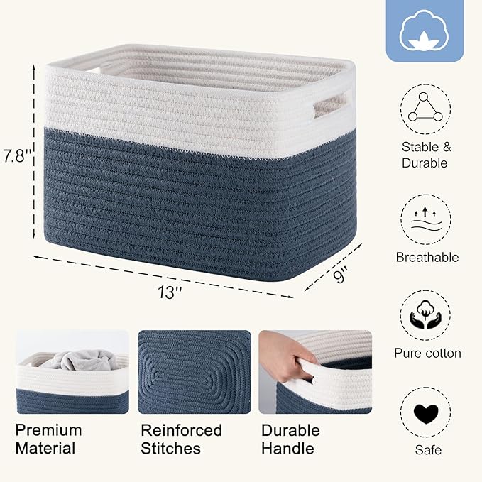 4 Pack Storage Baskets for Organizing, Woven Baskets for Shelves - Perfect for Toys, Books, Towels, and Clothes, Durable Gift Basket Bins Toy Storage, 12.7''L x9''W x7.8''H, Blue and White