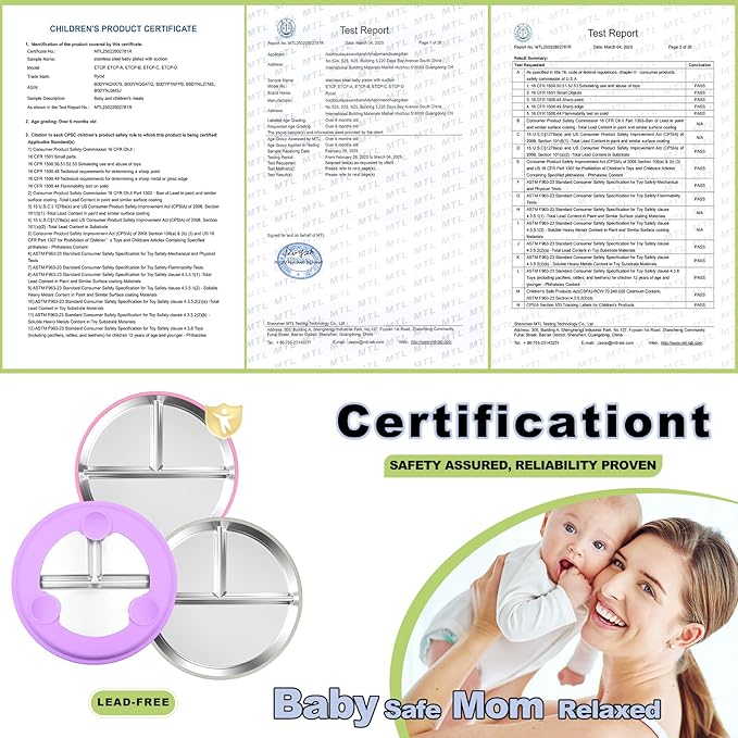 3-Pack Stainless Steel Baby Plates with Suction, BPA-Free Stainless Steel Kids Plates, 9" Divided Toddler Plate for Dishwasher Safe, Non-Slip Silicone Base, Detachable (Pink, Gray, Purple)