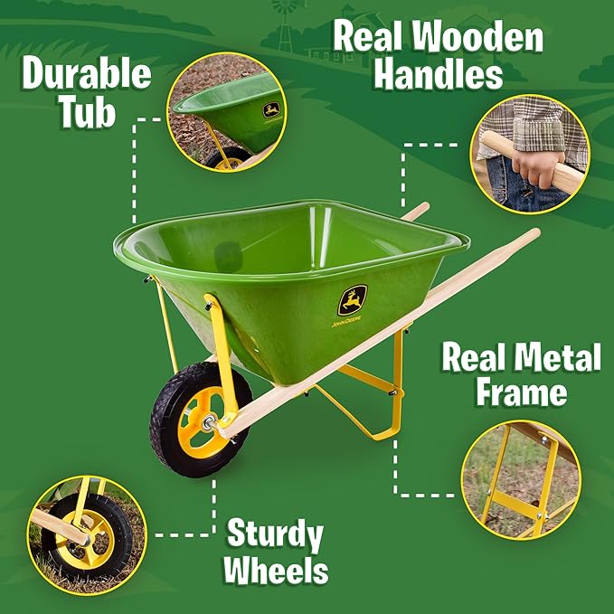 John Deere Deluxe 34" Wheelbarrow and Garden Set Includes 5 Realistic Gardening Tools,Gardening Apron, Gardening Gloves, Large Metal Wheelbarrow with Wooden Handles, Outdoor Toy Ages 5+
