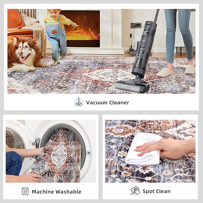 2x3 Washable Boho Rug Small Area Rugs for Entryway Bedroom Bathroom Kitchen Lliving Room, Soft Flower Rugs Low Pile Non-Slip Rubber Backing(Border Brown/Navy Blue)