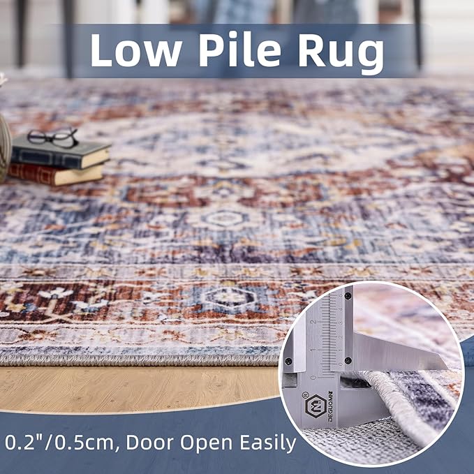 2x3 Washable Boho Rug Small Area Rugs for Entryway Bedroom Bathroom Kitchen Lliving Room, Soft Flower Rugs Low Pile Non-Slip Rubber Backing(Border Brown/Navy Blue)