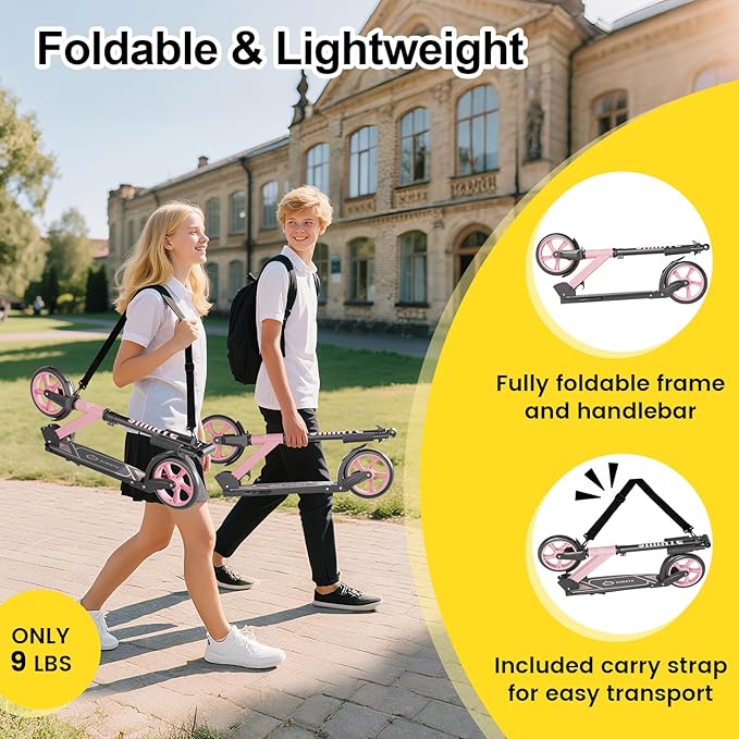 Kick Scooter for Kids Teens & Adults, 4 Adjustable Heights, 8IN All Terrain Big Wheels, Foldable and Lightweight, Gifts for Girls Boys