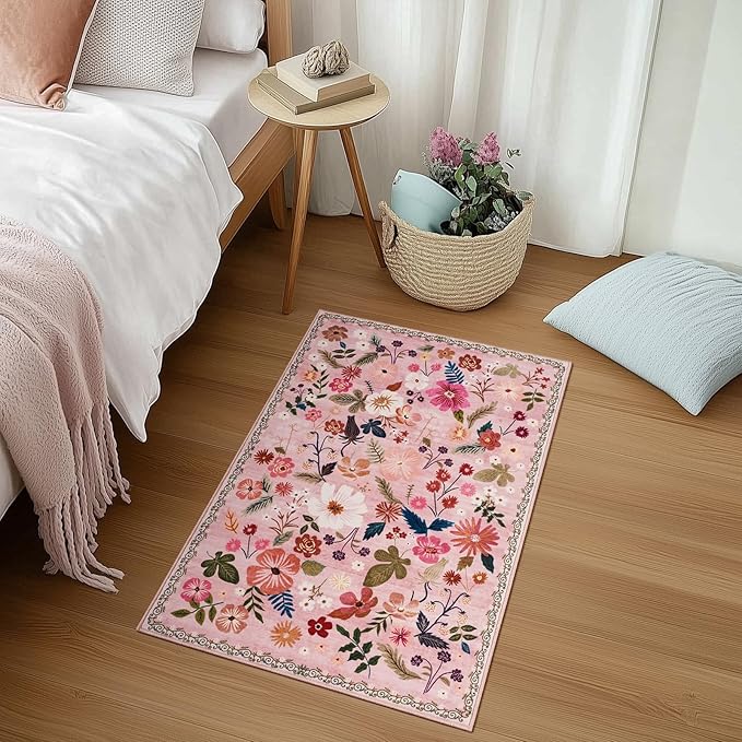2x3 Washable Entryway Rugs Pink Boho Vintage Floral Pattern Non Slip with Rubber Backing Small Rugs Stain Resistant Faux Fur Low Pile Door Mat for Front Door Kitchen Bedroom Girls Bathroom Laundry
