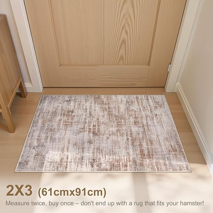 2x3 Entryway Area Rugs: Washable Neutral Abstract Small Rug Door Mat Non-Slip Soft Low Pile Indoor Carpe for Entrance Kitchen Front Door Bathroom Entry Kids Room - Red Brown