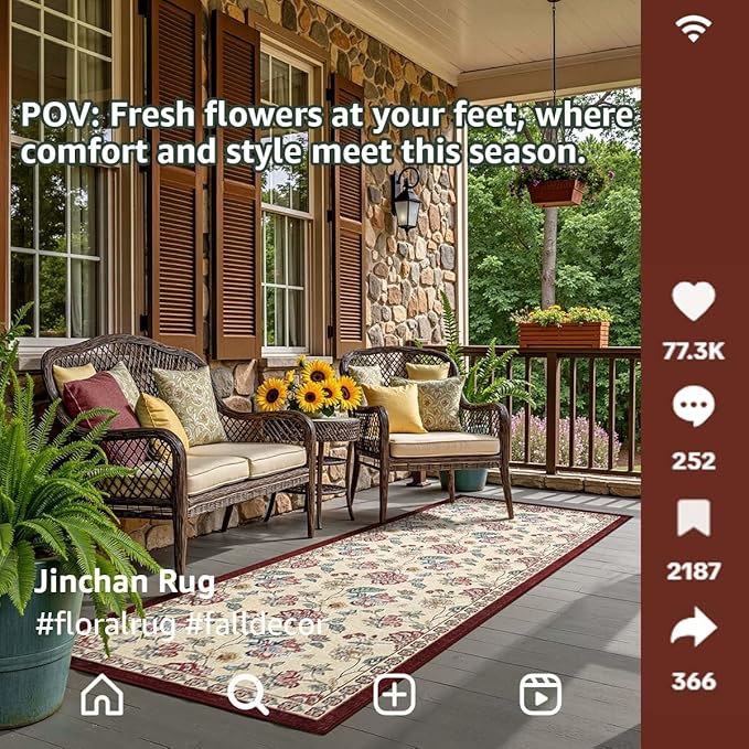 jinchan 3x10 Floral Runner Rug for Hallway Washable Kitchen Runner Vintage Romance Design Non Slip Thin Indoor Floor Cover Low-Profile Throw Carpet for Entryway Bathroom Bedroom Porch, Red/Beige