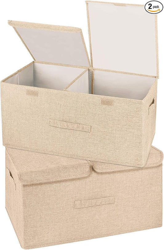 2 Pack Large Storage Boxes with Lids and Handles, Collapsible Linen Storage Bins Organizer Containers Baskets Cube with Removable Divider for Home Bedroom Closet Office (Khaki, Large)