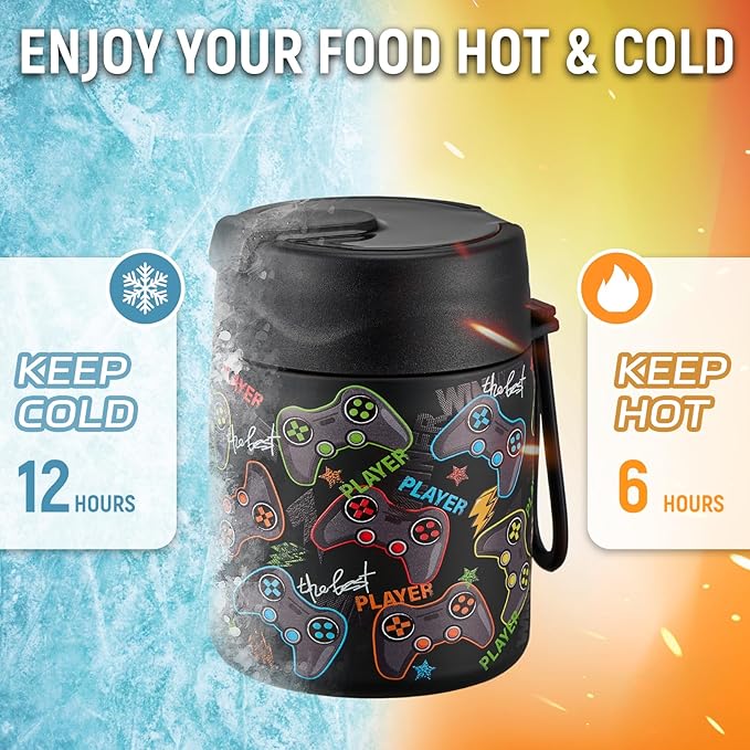 17oz Soup Thermo for Hot Food Kids Insulated Vacuum Food Jar with Stainless Steel Spoon Wide Mouth Thermo Leakproof Lunch Food Container Kids Hot Lunch Box (Black-Game)