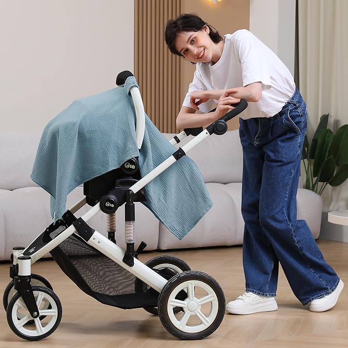 100% Muslin Cotton Car Seat Cover Baby, Carseat Canopy Cover, Universal Fit Stroller Covers for Boys and Girls (Blue)