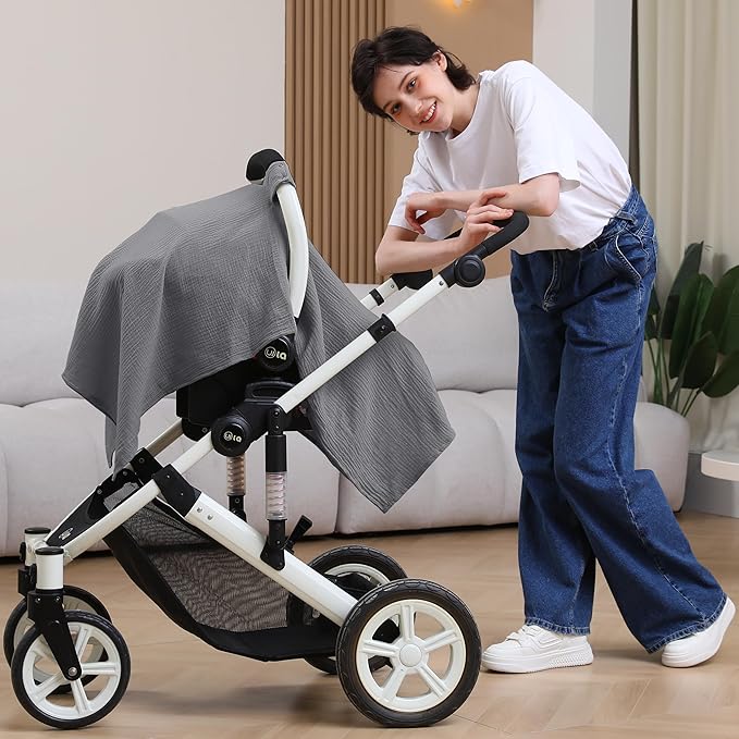 100% Muslin Cotton Car Seat Cover Baby, Carseat Canopy Cover, Universal Fit Stroller Covers for Boys and Girls (Grey)