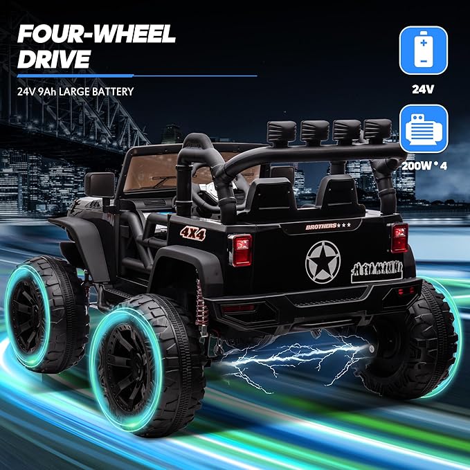 24V 9Ah Ride on Toy for Big Kids, 4x4 2 Seater Ride on Car Truck w/Remote Control, 4x200W Motors - Black Warrior
